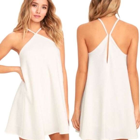 NWT Lulu's White Halter Mini Dress Cross Front Straps Open Back Size Small - Picture 1 of 11